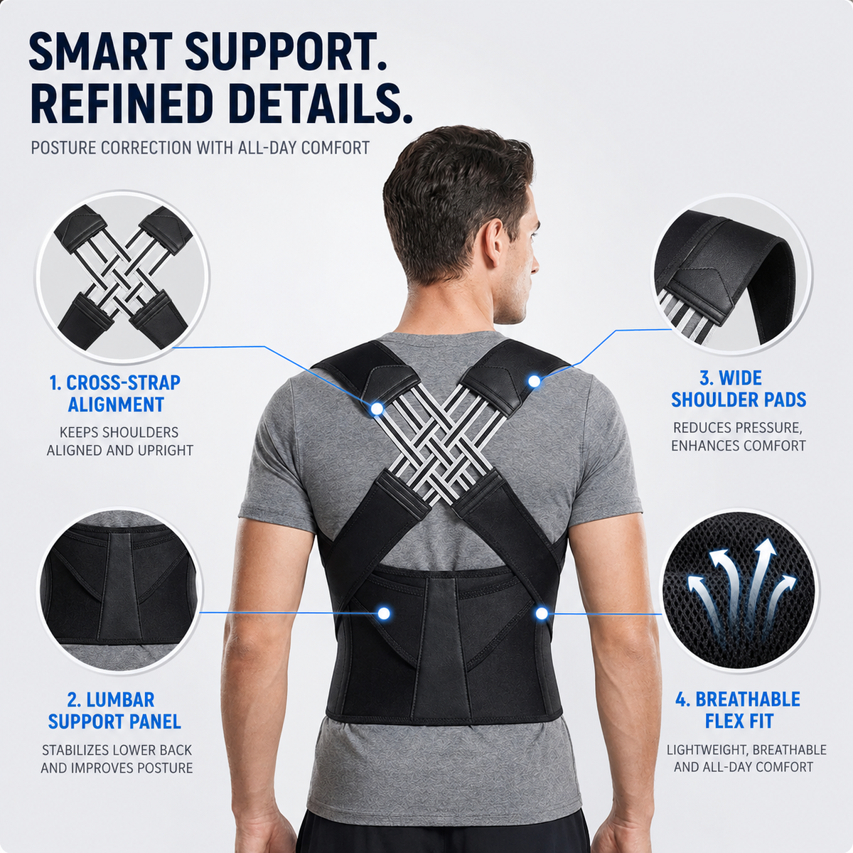 Adjustable Back Brace for Full Back Support, Posture Correction, Breathable, Comfortable, Daily Use | Sansoti