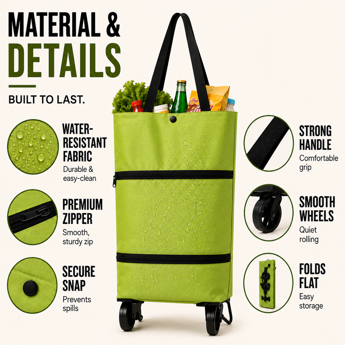 Foldable Shopping Trolley with Wheels Backpack Function 41x15x46cm Green Orange Black Blue Groceries | Sansoti