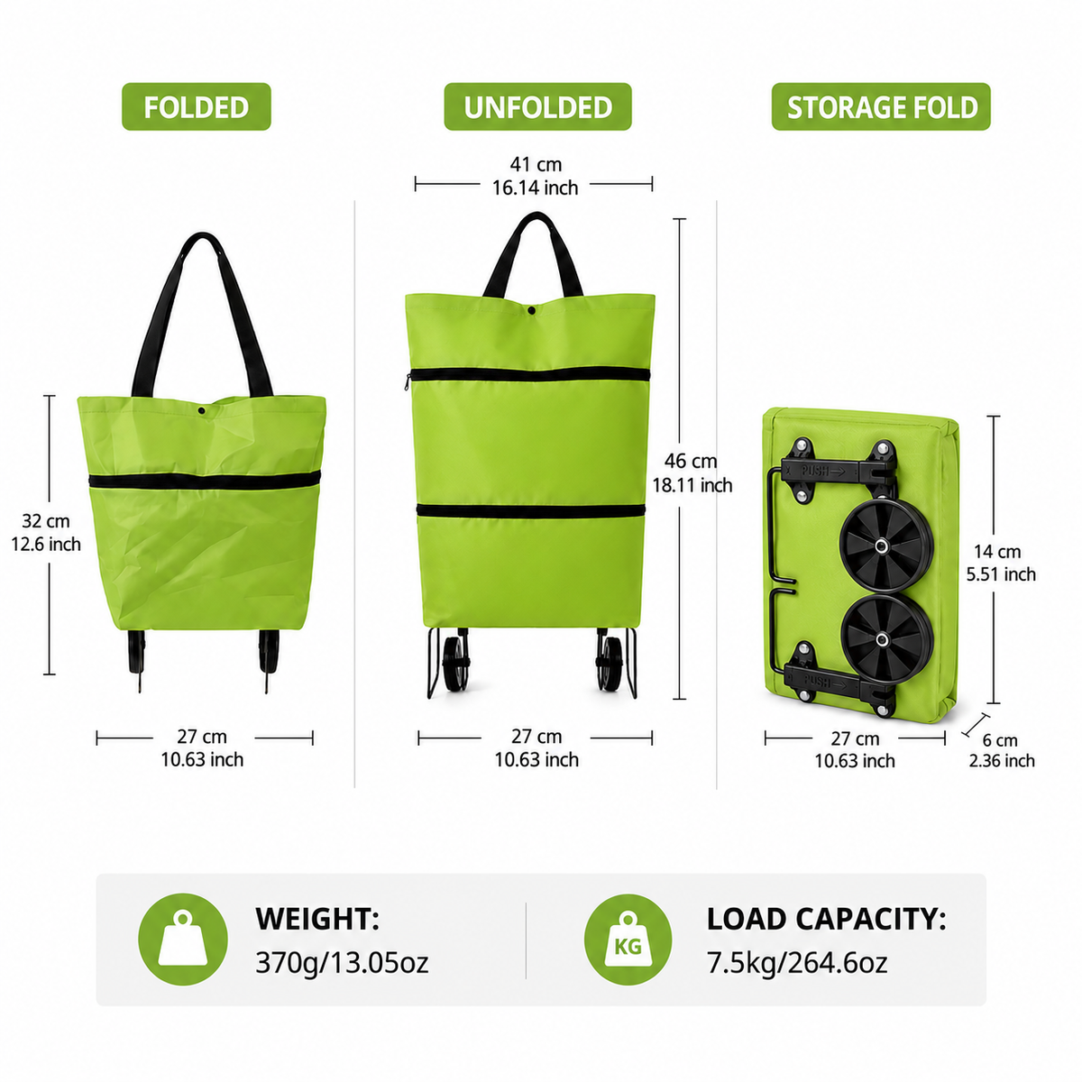 Foldable Shopping Trolley with Wheels Backpack Function 41x15x46cm Green Orange Black Blue Groceries | Sansoti