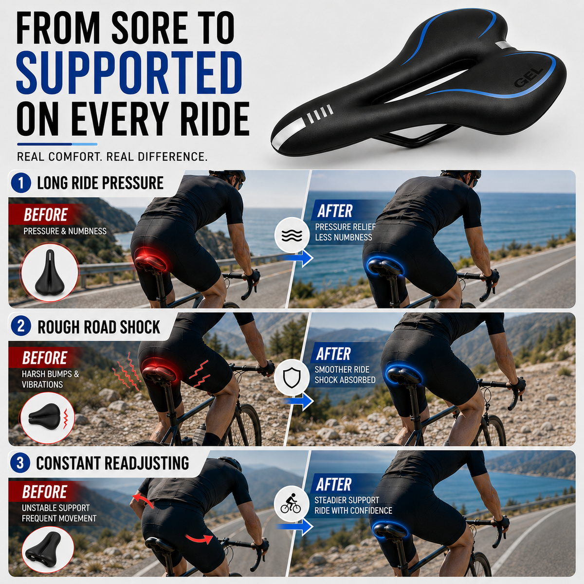 Ergonomic Bike Saddle with Pressure-Relieving Cutout and Foam Padding for Comfortable Long Bike Rides | Sansoti