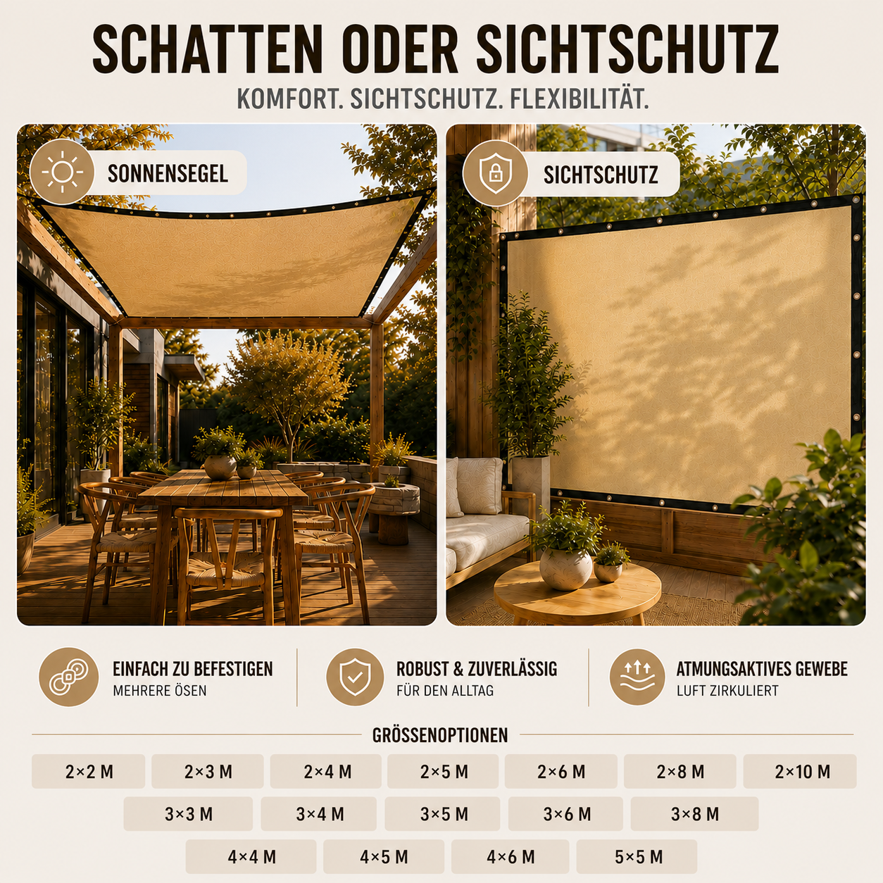 Rechteckiges Sonnensegel für Garten und Terrasse – UV-Schutz mit verstärkten Rändern und Befestigungsösen | Sansoti