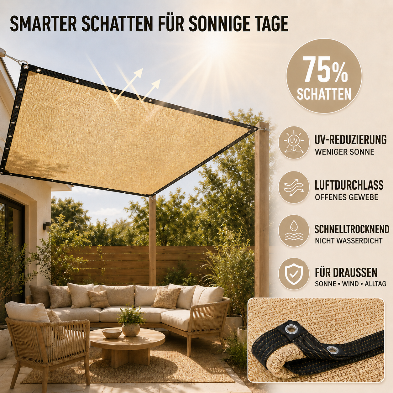 Rechteckiges Sonnensegel für Garten und Terrasse – UV-Schutz mit verstärkten Rändern und Befestigungsösen | Sansoti