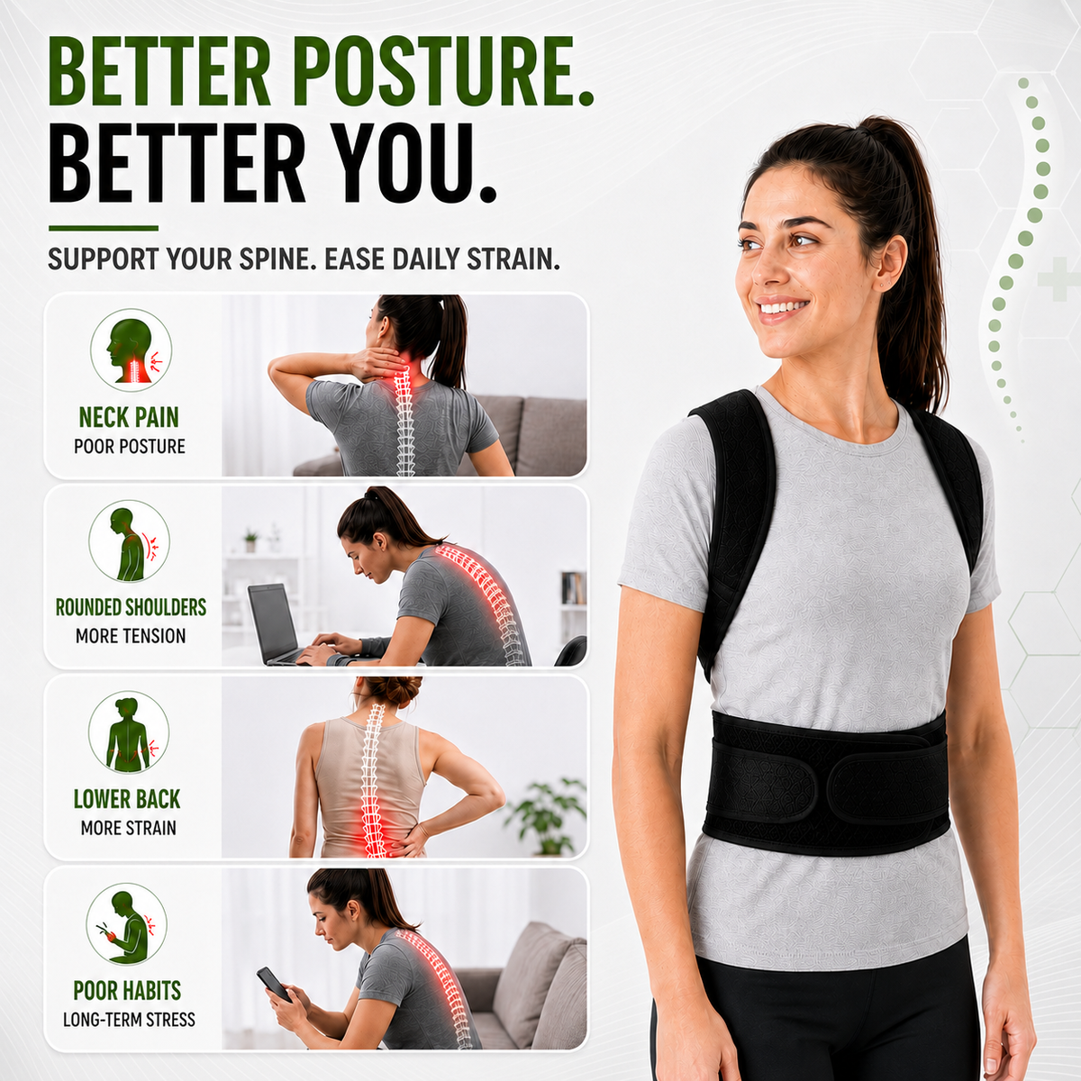 Adjustable One-Piece Back Brace, Posture Correction, Shoulder and Lumbar Support, Breathable Polyester Back Support | Sansoti