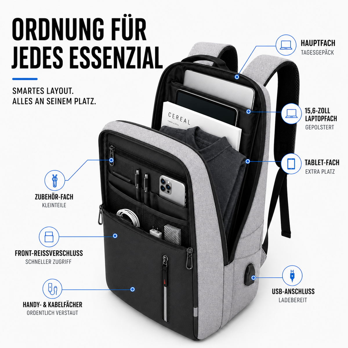 Waterdichte Laptoptas 15,6 Inch met USB Poort Zwart Grijs Blauw Rood Zakelijke Rugzak Studententas Reizen | Sansoti