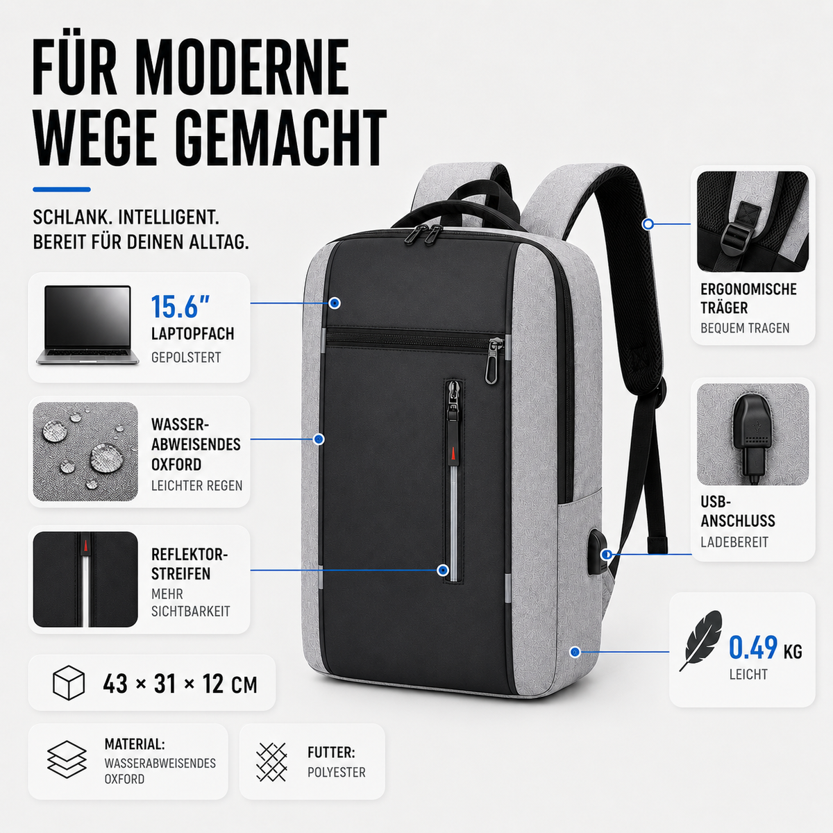 Waterdichte Laptoptas 15,6 Inch met USB Poort Zwart Grijs Blauw Rood Zakelijke Rugzak Studententas Reizen | Sansoti