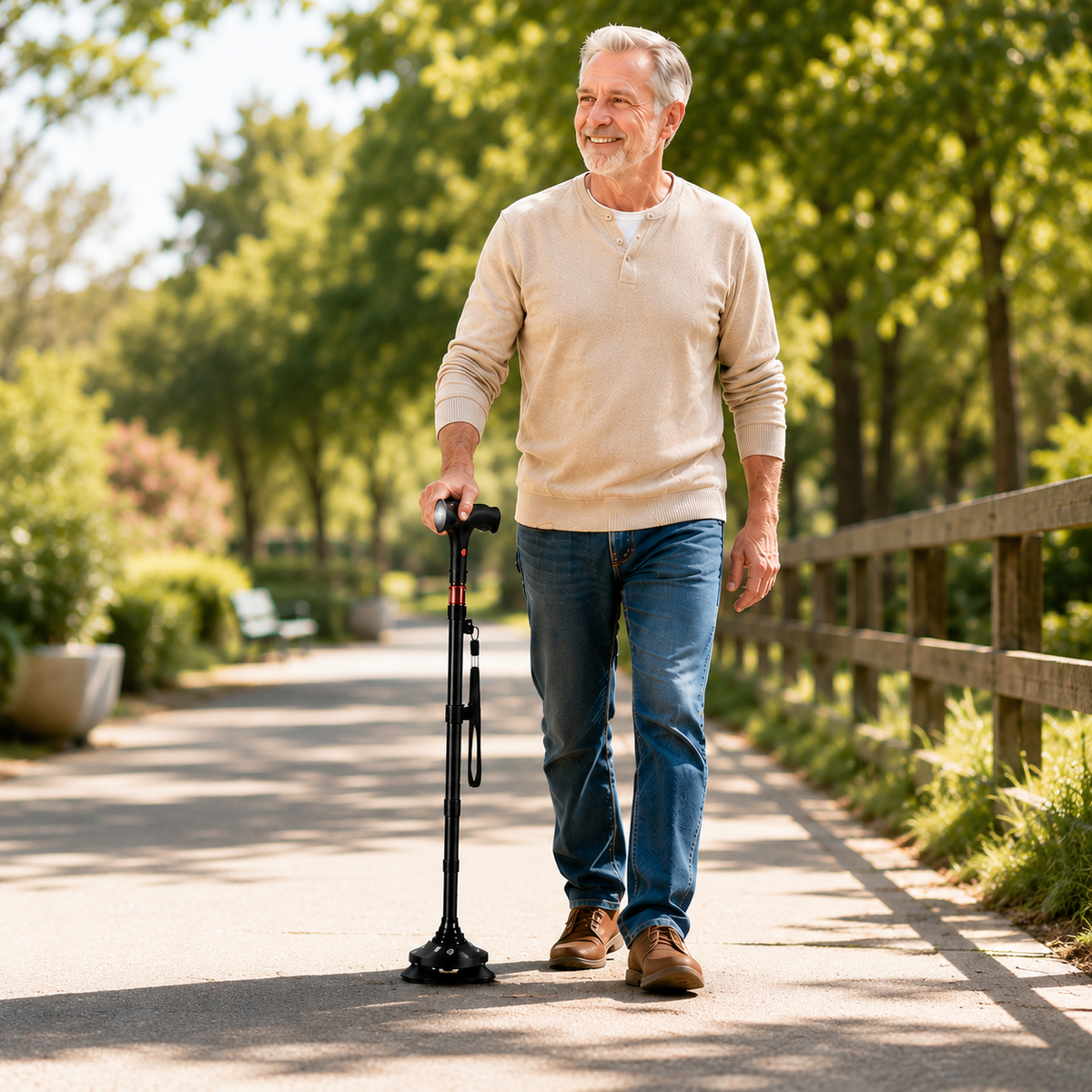 Foldable Quad Cane Aluminum Adjustable with LED Light Alarm 85-95cm Black Mobility | Sansoti