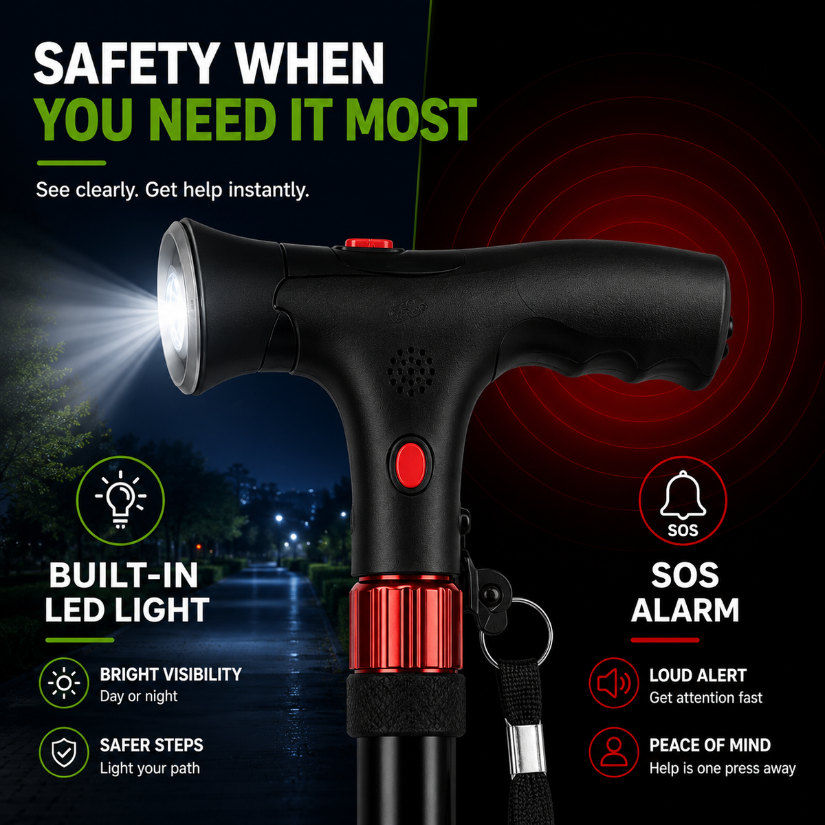 Foldable Quad Cane Aluminum Adjustable with LED Light Alarm 85-95cm Black Mobility | Sansoti