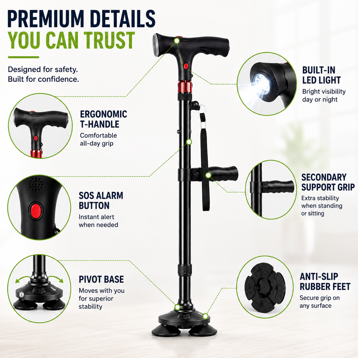 Foldable Quad Cane Aluminum Adjustable with LED Light Alarm 85-95cm Black Mobility | Sansoti