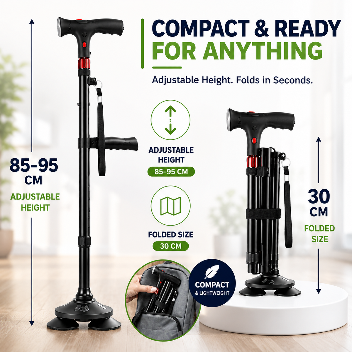 Foldable Quad Cane Aluminum Adjustable with LED Light Alarm 85-95cm Black Mobility | Sansoti