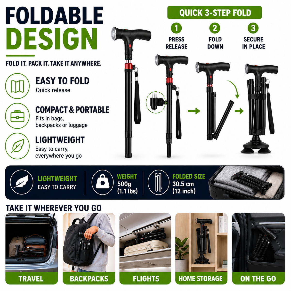 Foldable Quad Cane Aluminum Adjustable with LED Light Alarm 85-95cm Black Mobility | Sansoti