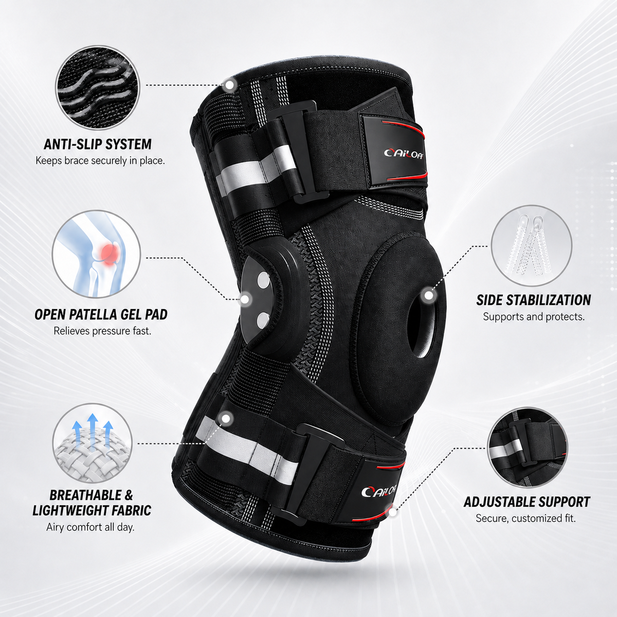 Adjustable Hinged Knee Brace – Lateral Stabilization & Patella Opening – Sports & Daily Use | Sansoti