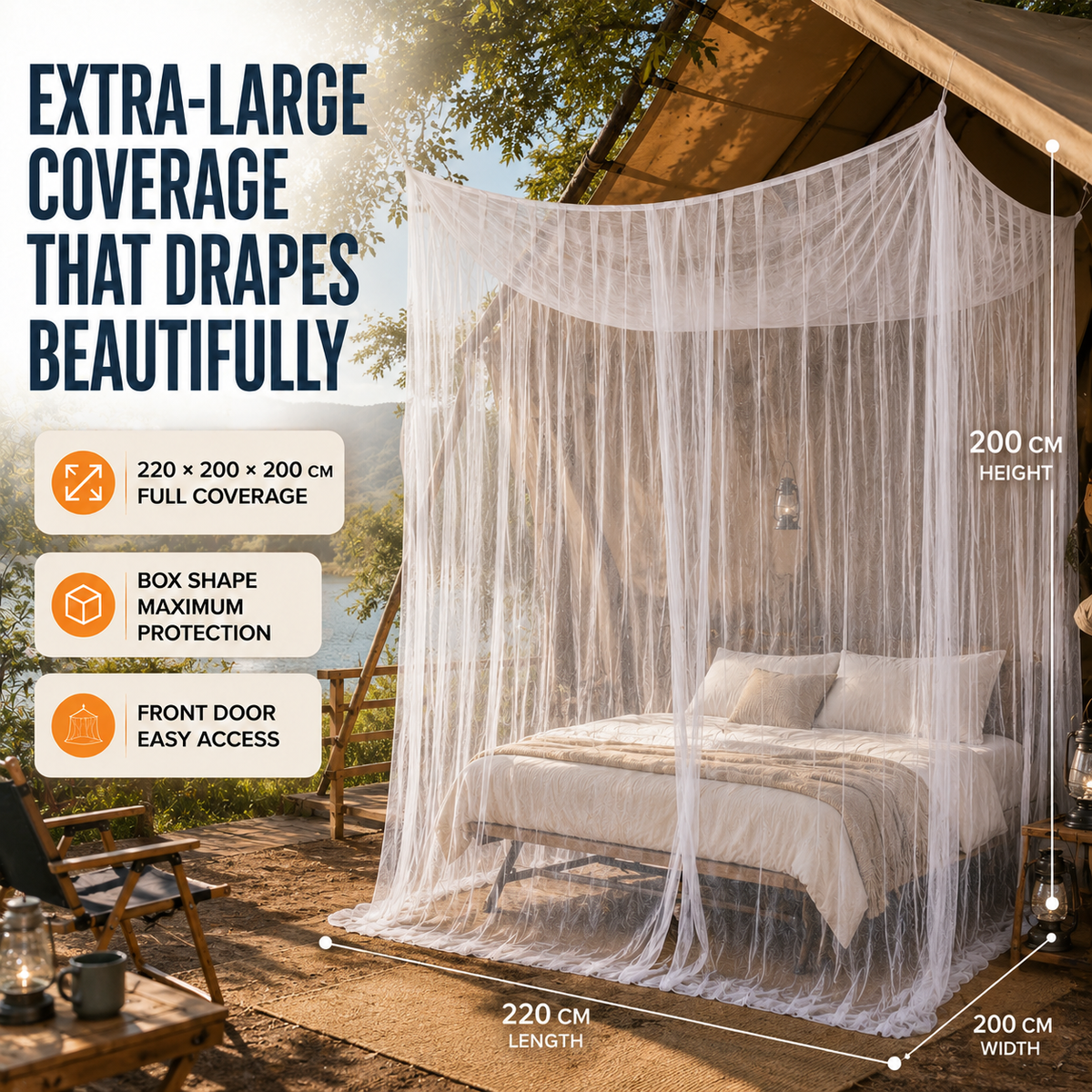 Hängendes Moskitonetz 220x200x200cm Weiß Schwarz Feinmaschiges Polyesternetz für Zelt Camping Schlafzimmer Outdoor | Sansoti