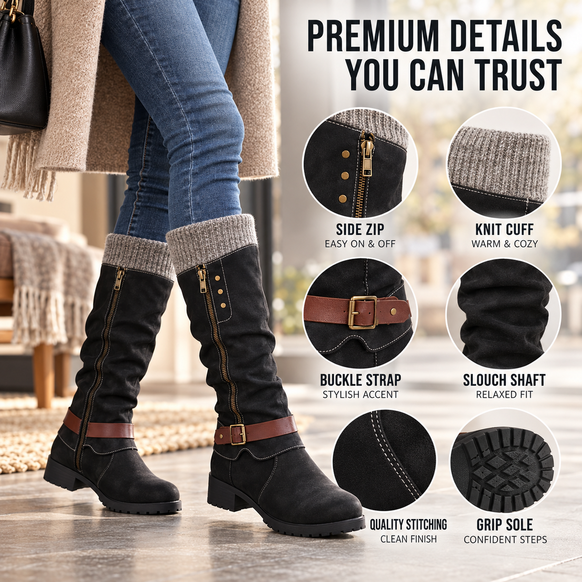 Lined Winter Boots with Orthopedic Support Side Zip 4cm Heel Height Warm Calf Boots for Women and Men | Sansoti