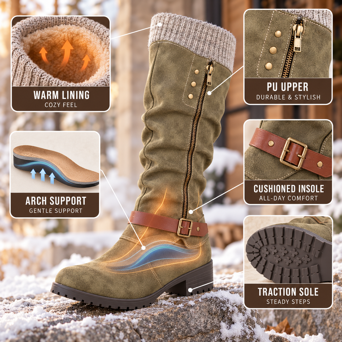 Lined Winter Boots with Orthopedic Support Side Zip 4cm Heel Height Warm Calf Boots for Women and Men | Sansoti