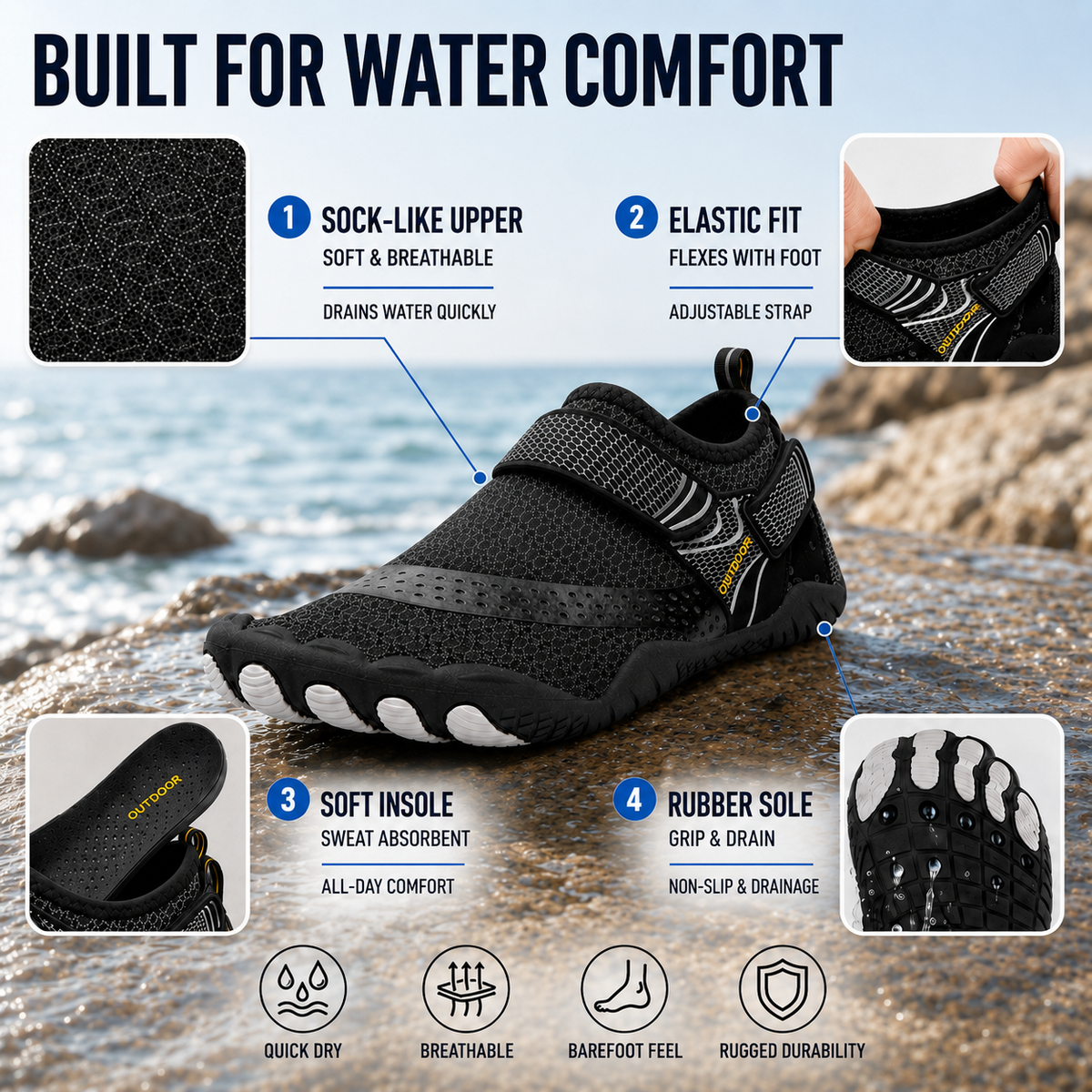 Five-Toe Water Shoes Quick-Drying Non-Slip Swimming Beach Water Sports Unisex Breathable Barefoot Aqua Shoes | Sansoti