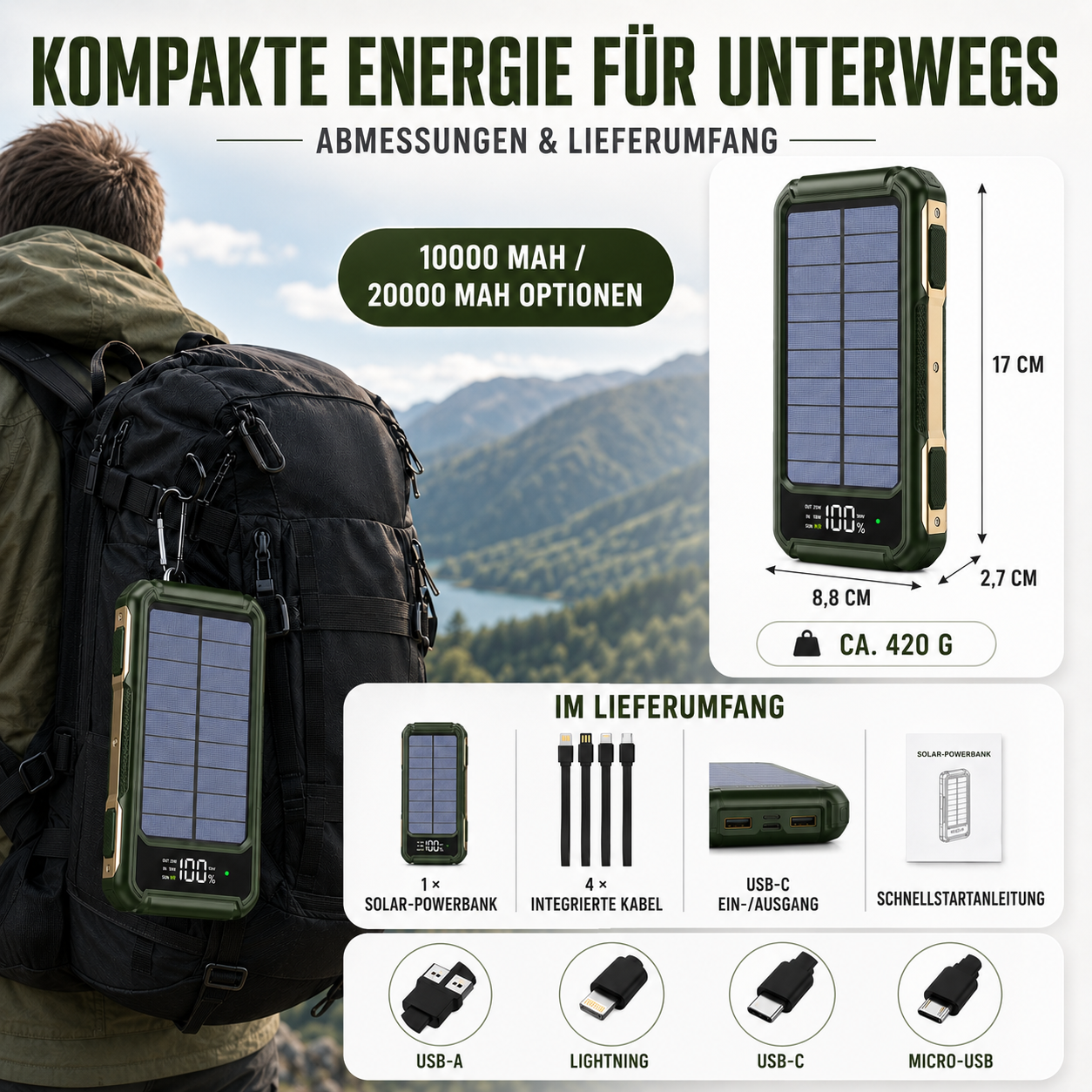 Draagbare Powerbank met Zonnepaneel 10000-20000mAh USB-C Snelladen Wireless Charging Outdoor Camping | Sansoti
