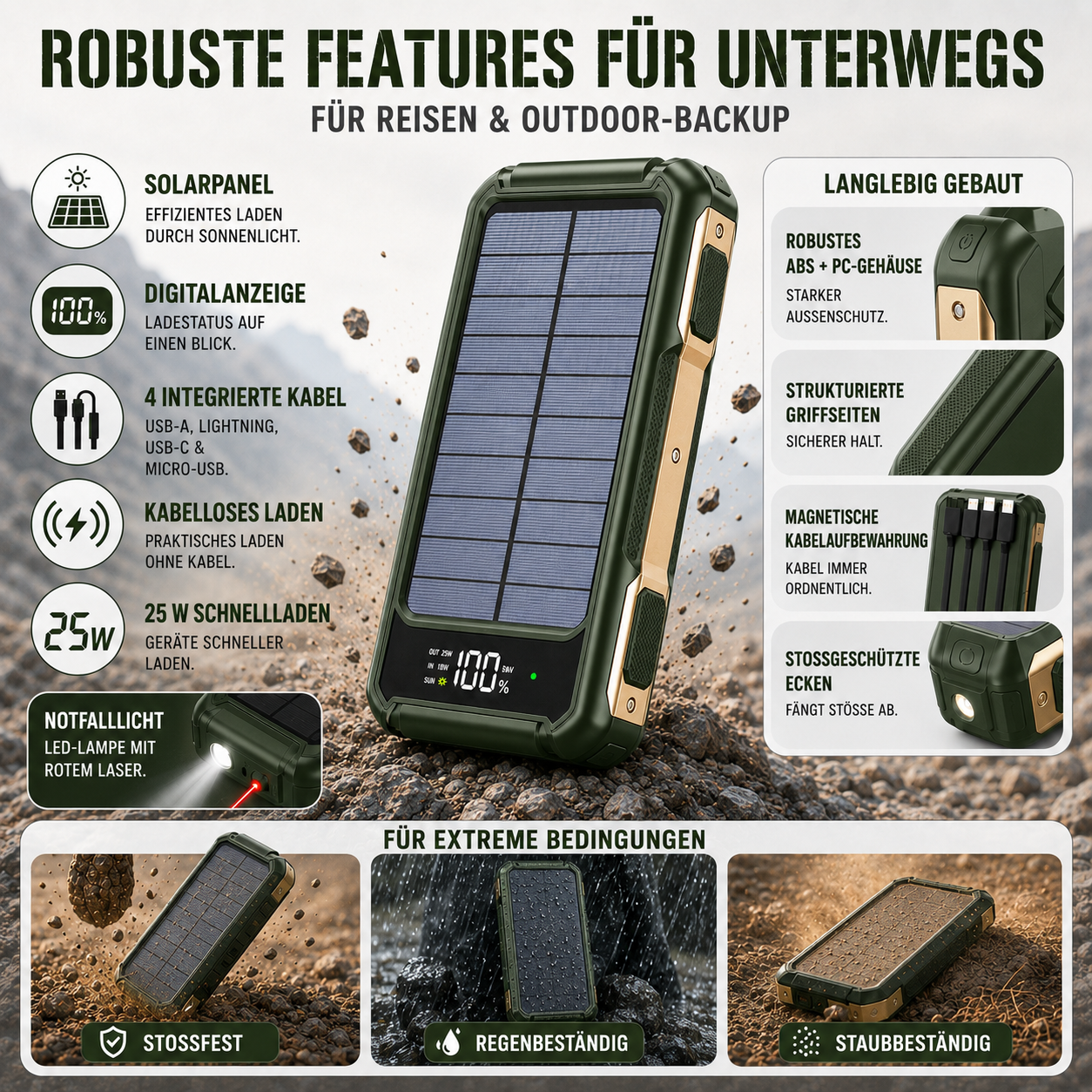 Draagbare Powerbank met Zonnepaneel 10000-20000mAh USB-C Snelladen Wireless Charging Outdoor Camping | Sansoti