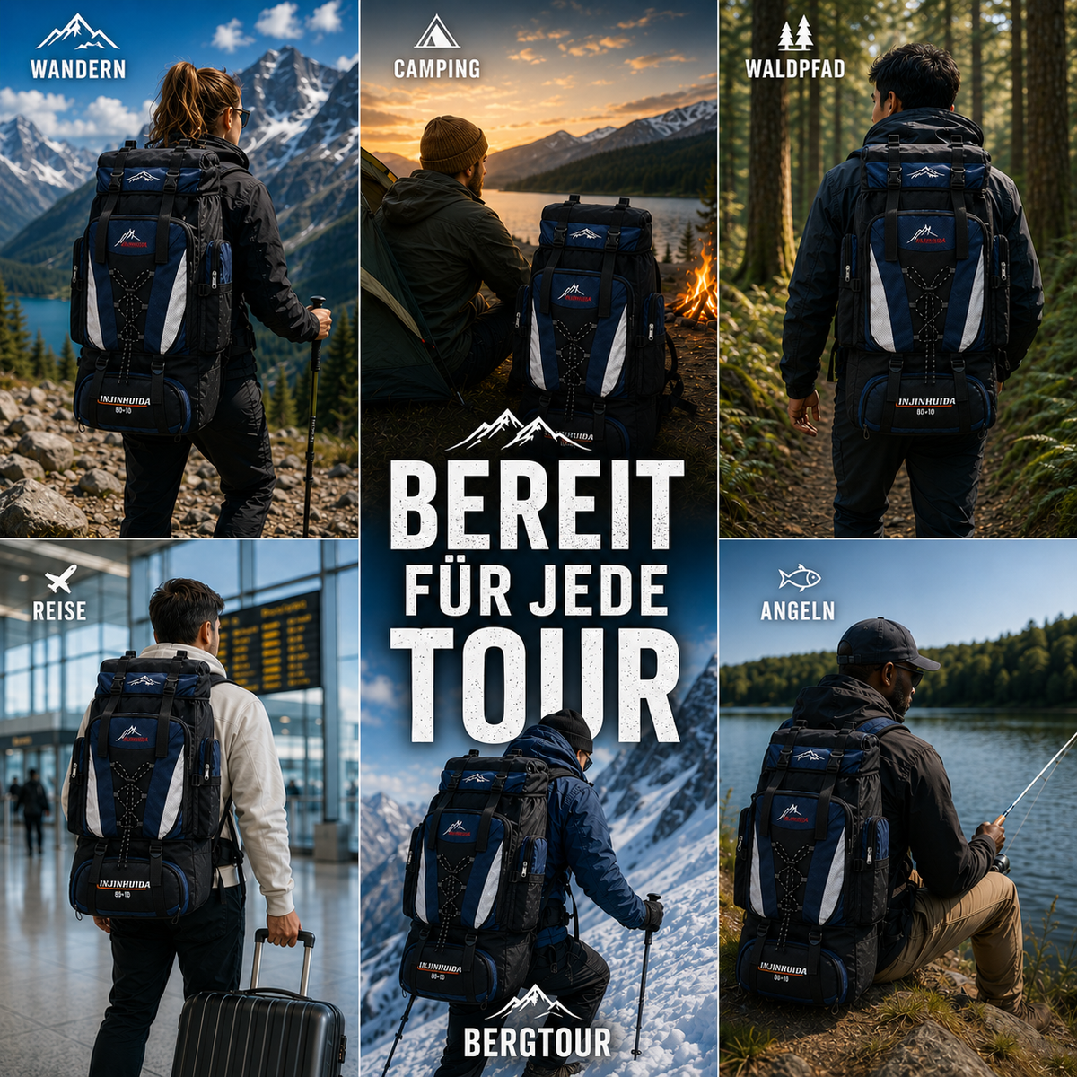 Wanderrucksack 80 Liter aus wasserdichtem Nylon mit Hüftgurt und belüftetem Rückenpanel für Outdoor und Camping | Sansoti