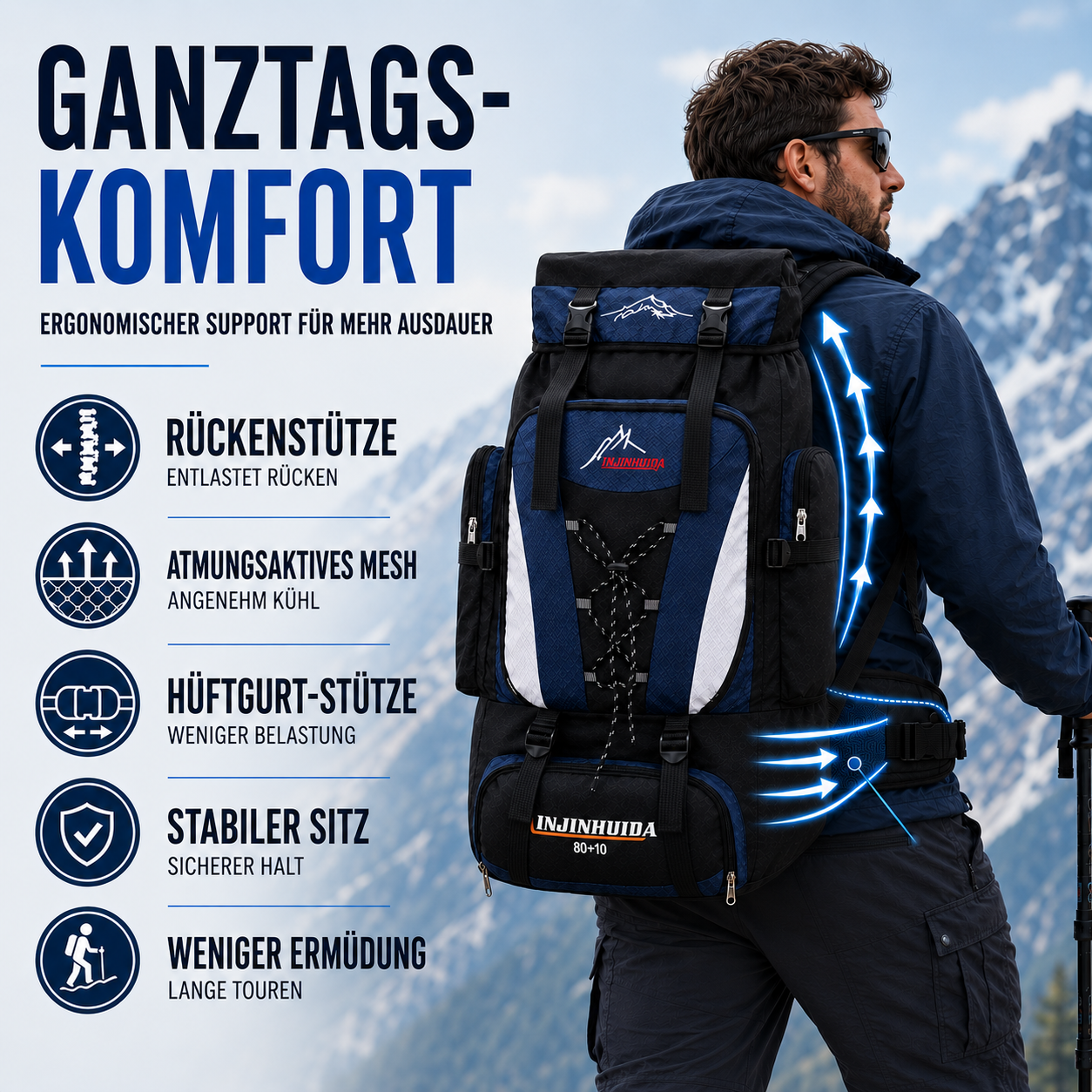 Wanderrucksack 80 Liter aus wasserdichtem Nylon mit Hüftgurt und belüftetem Rückenpanel für Outdoor und Camping | Sansoti