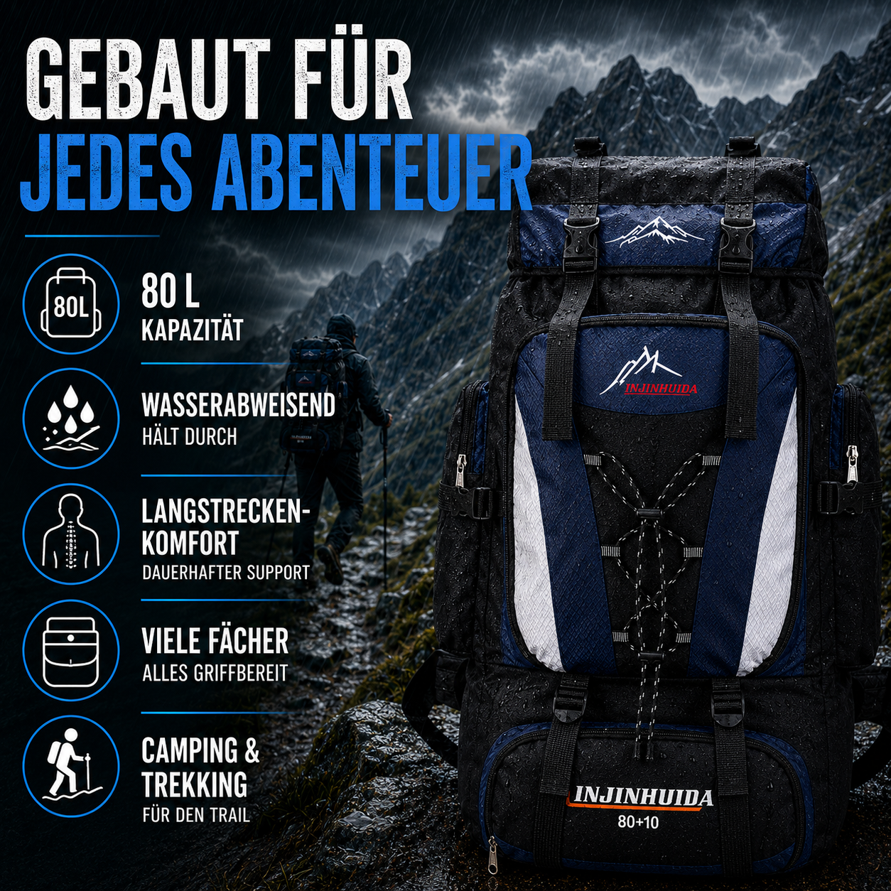 Wanderrucksack 80 Liter aus wasserdichtem Nylon mit Hüftgurt und belüftetem Rückenpanel für Outdoor und Camping | Sansoti