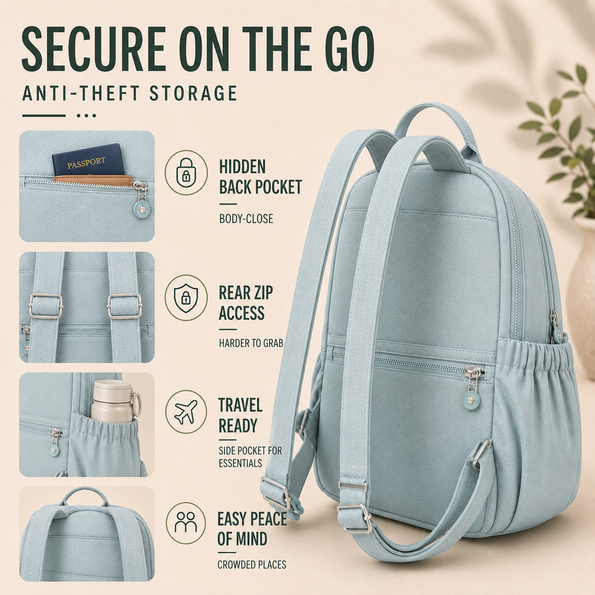 Kompakter Mini-Rucksack aus Nylon, 11 l, für den täglichen Gebrauch, diebstahlsicher, mehrere Fächer, verstellbar, leicht | Sansoti