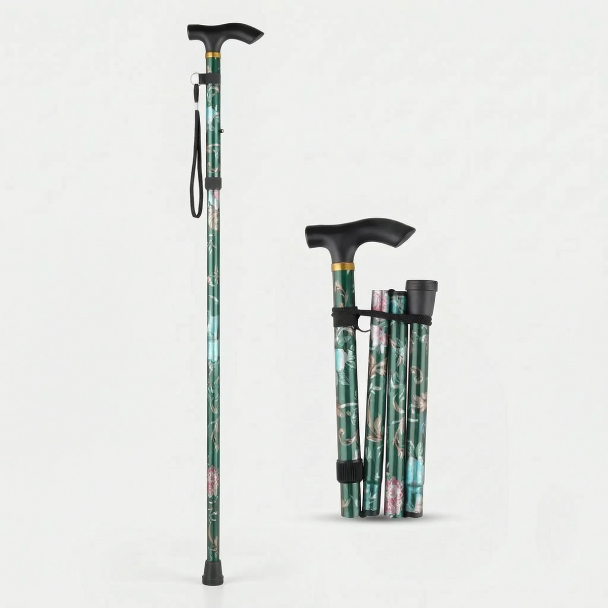 Folding Walking Stick with Floral Pattern Height-Adjustable for Women and Seniors Extra-Comfort Walking Aid | Sansoti