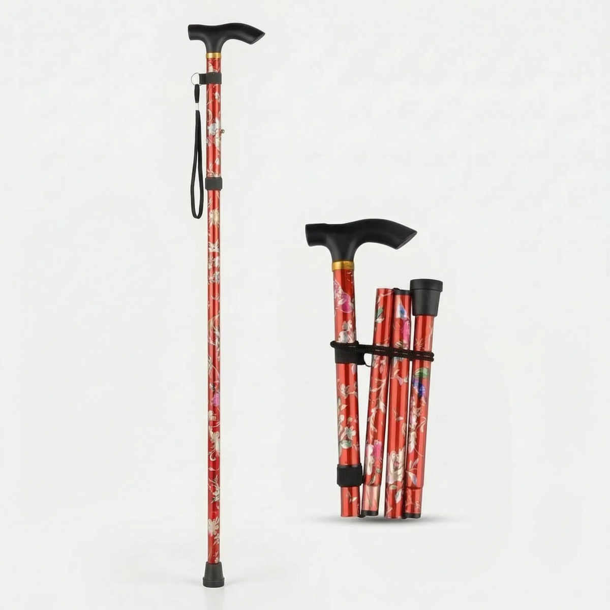 Folding Walking Stick with Floral Pattern Height-Adjustable for Women and Seniors Extra-Comfort Walking Aid | Sansoti