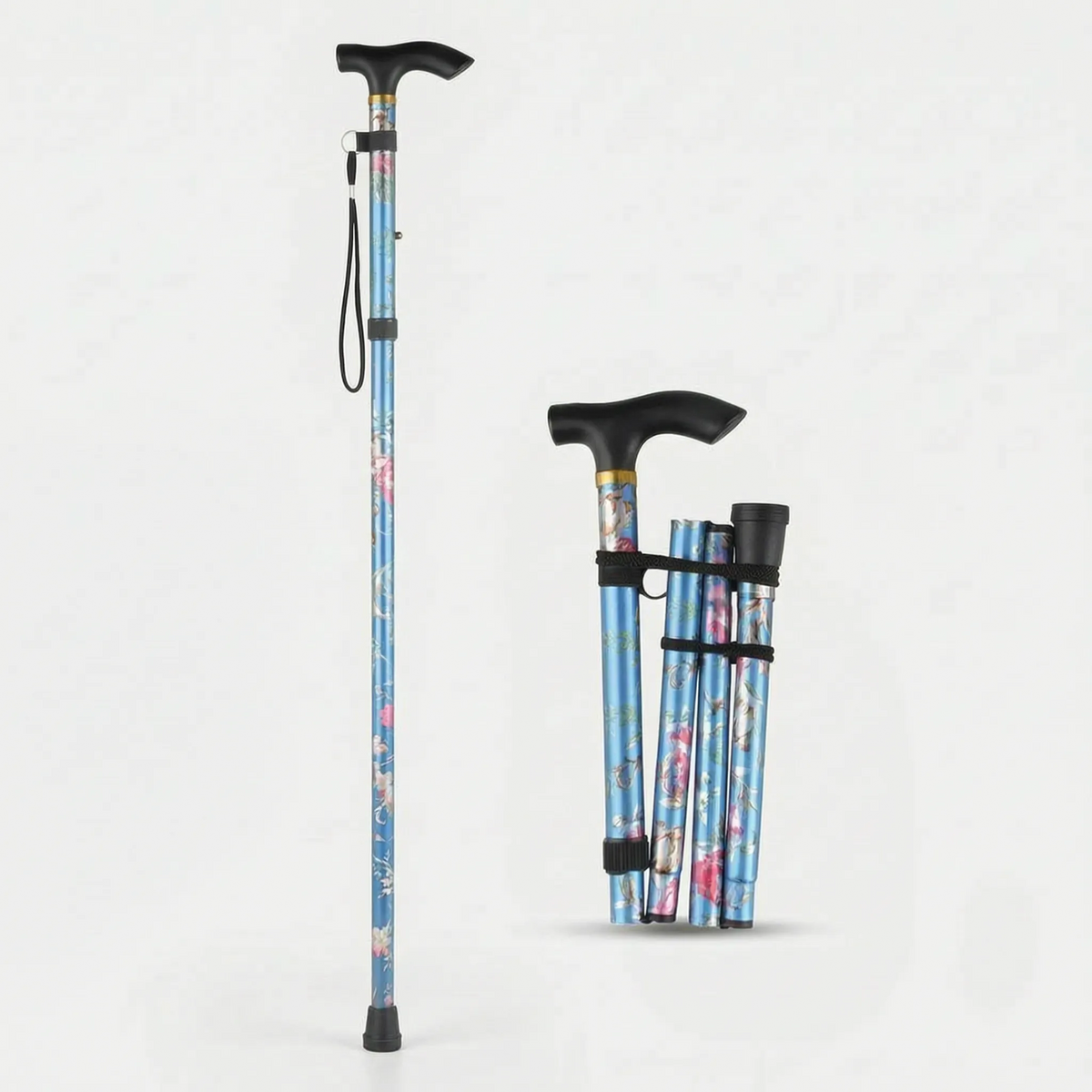 Folding Walking Stick with Floral Pattern Height-Adjustable for Women and Seniors Extra-Comfort Walking Aid | Sansoti
