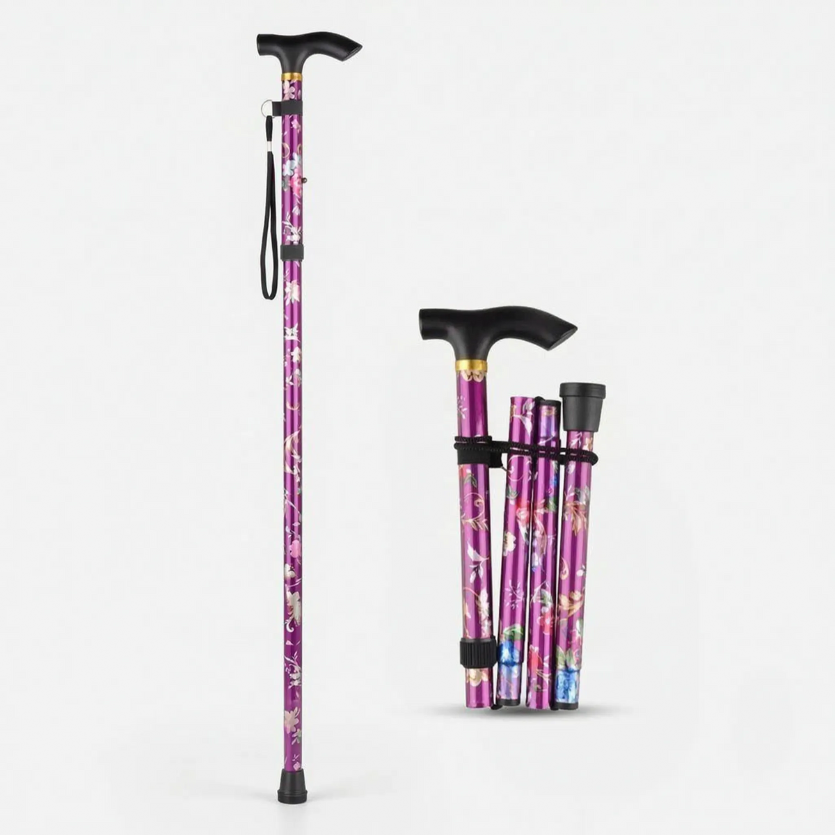 Folding Walking Stick with Floral Pattern Height-Adjustable for Women and Seniors Extra-Comfort Walking Aid | Sansoti