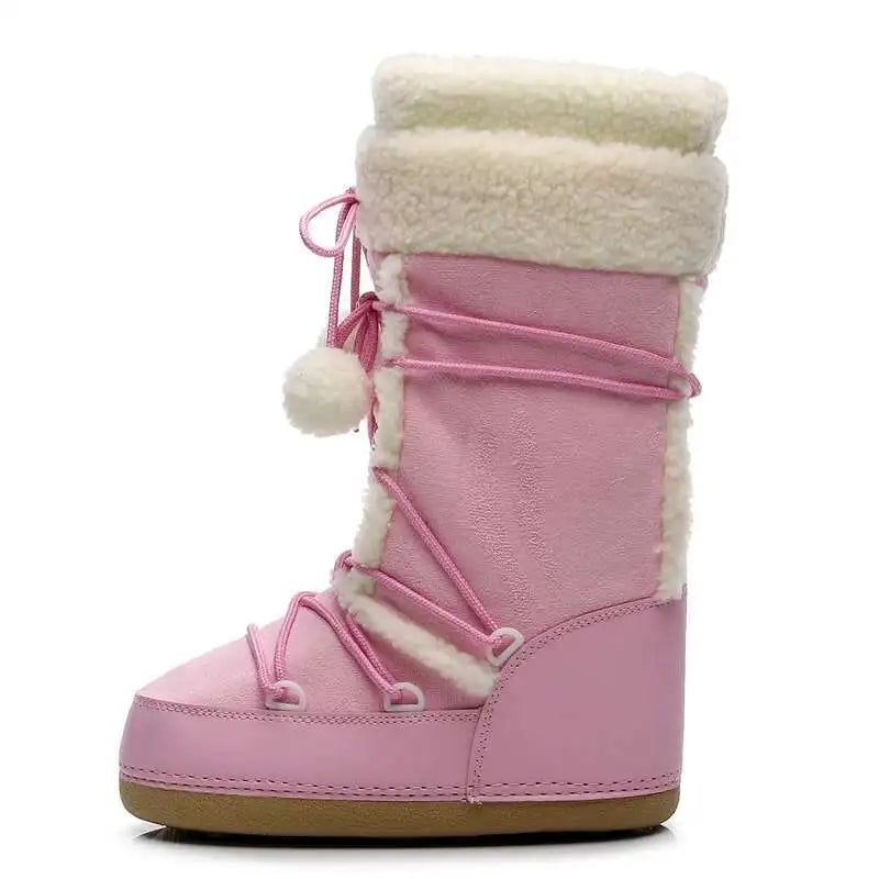 Gevoerde Winterlaarzen Dames Waterdicht Warm Wadenhoog Plateausleehak Antislip Pluche Roze Winterschoenen | Sansoti