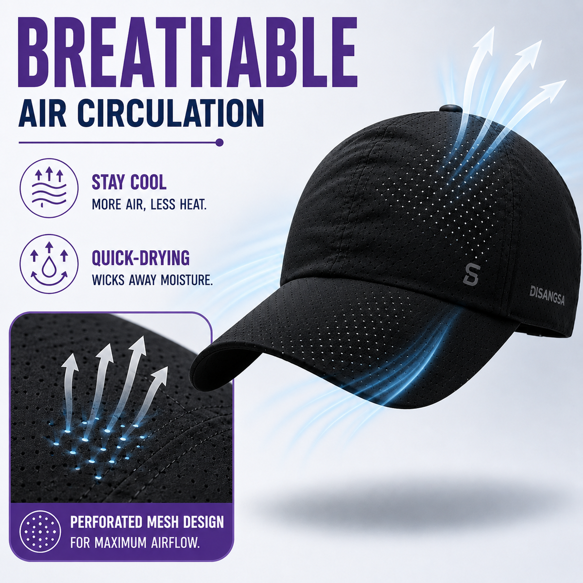 Perforated Summer Baseball Cap for Men and Women Breathable Sports Adjustable Quick-Drying Outdoor Unisex Sun Visor | Sansoti