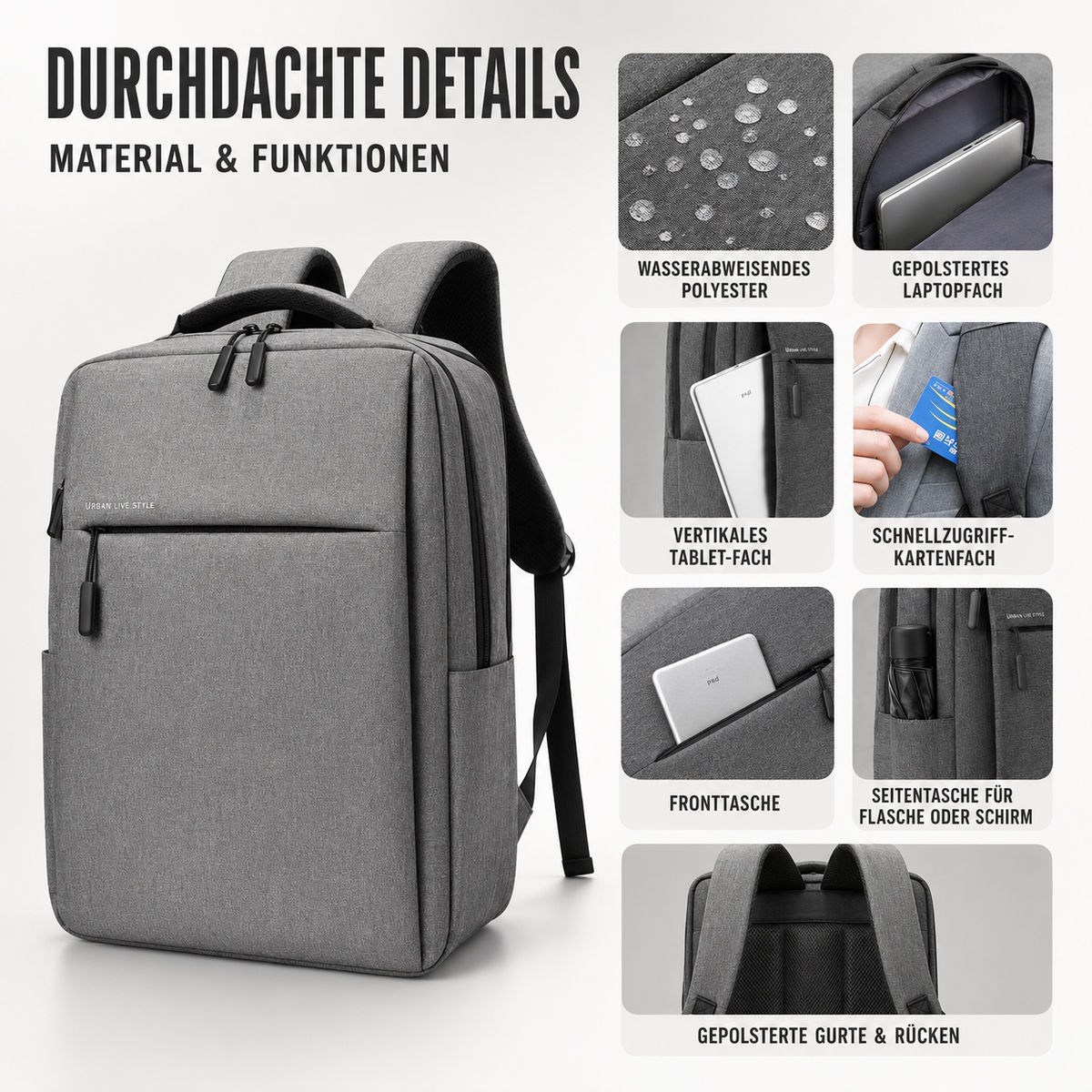 Wasserdichter Laptoprucksack 15,6 Zoll mit gepolstertem Fach, Alltag, Pendeln, Reisen, Organisation, Schule, Universität | Sansoti