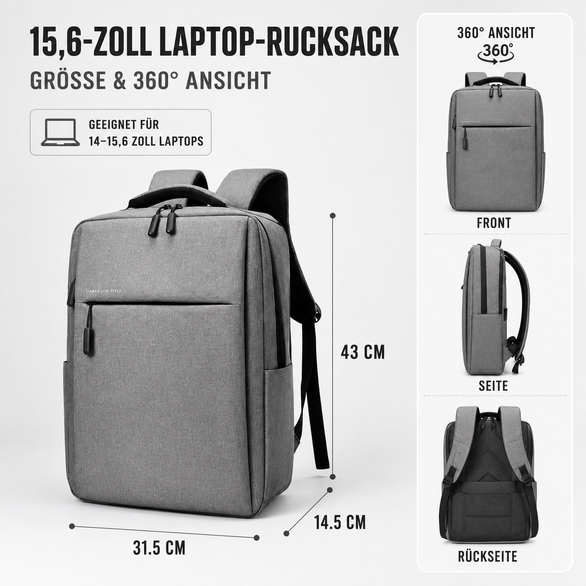 Wasserdichter Laptoprucksack 15,6 Zoll mit gepolstertem Fach, Alltag, Pendeln, Reisen, Organisation, Schule, Universität | Sansoti