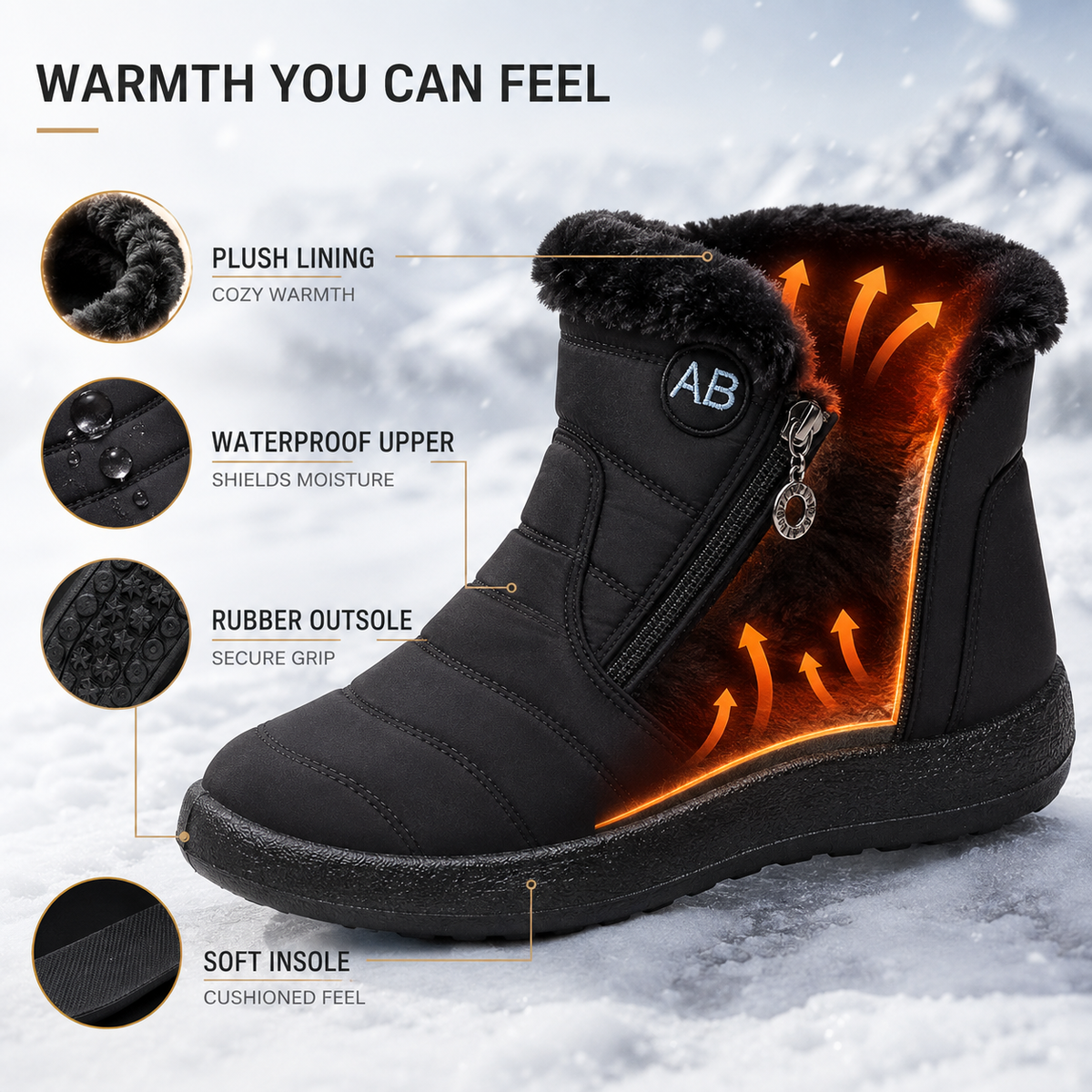 Wasserdichte Winterstiefeletten Damen Warm gefüttert Rutschfeste Sohle Seitlicher Reißverschluss Schneestiefel Bequem Outdoor | Sansoti