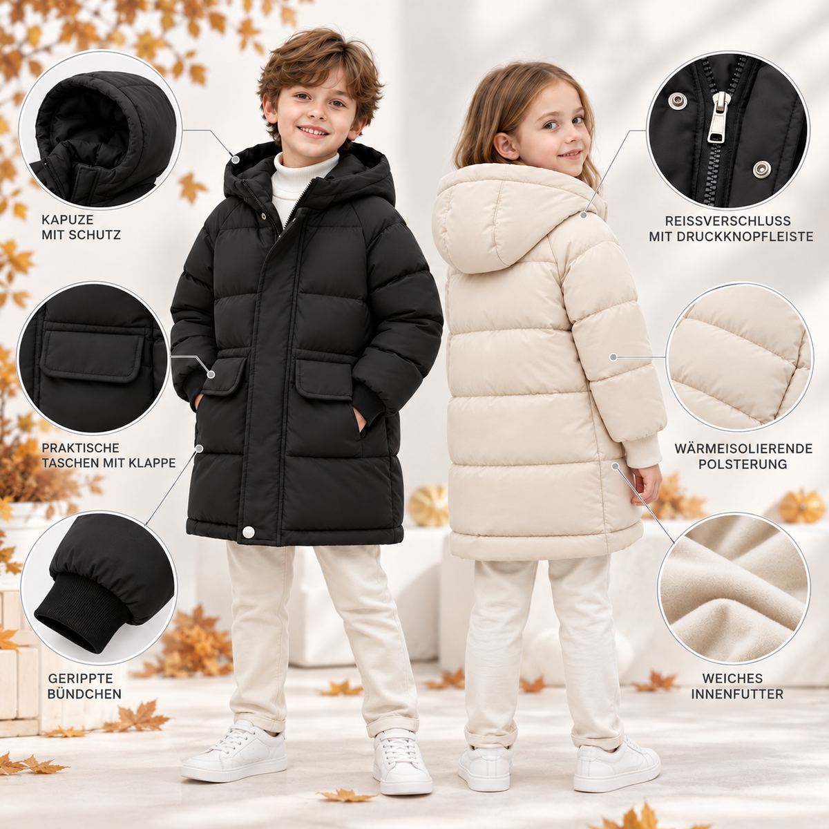 Gefütterte Winterjacke für Kinder - Lange Steppjacke mit Kapuze - Unisex-Pufferjacke 3-12 Jahre Warm | Sansoti