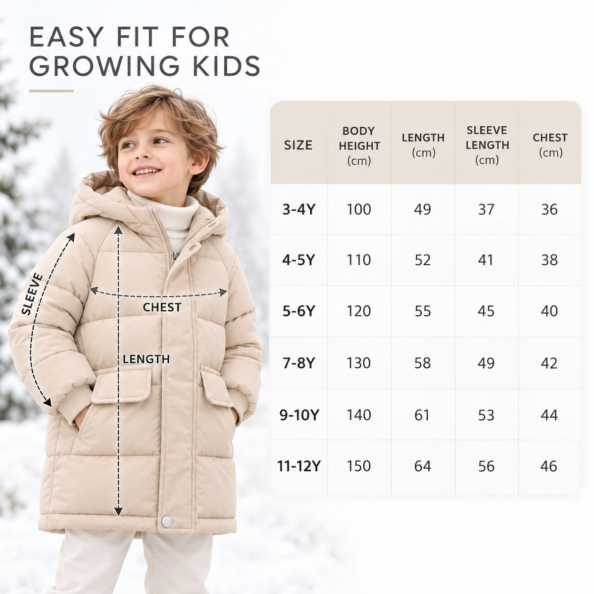 Gefütterte Winterjacke für Kinder - Lange Steppjacke mit Kapuze - Unisex-Pufferjacke 3-12 Jahre Warm | Sansoti
