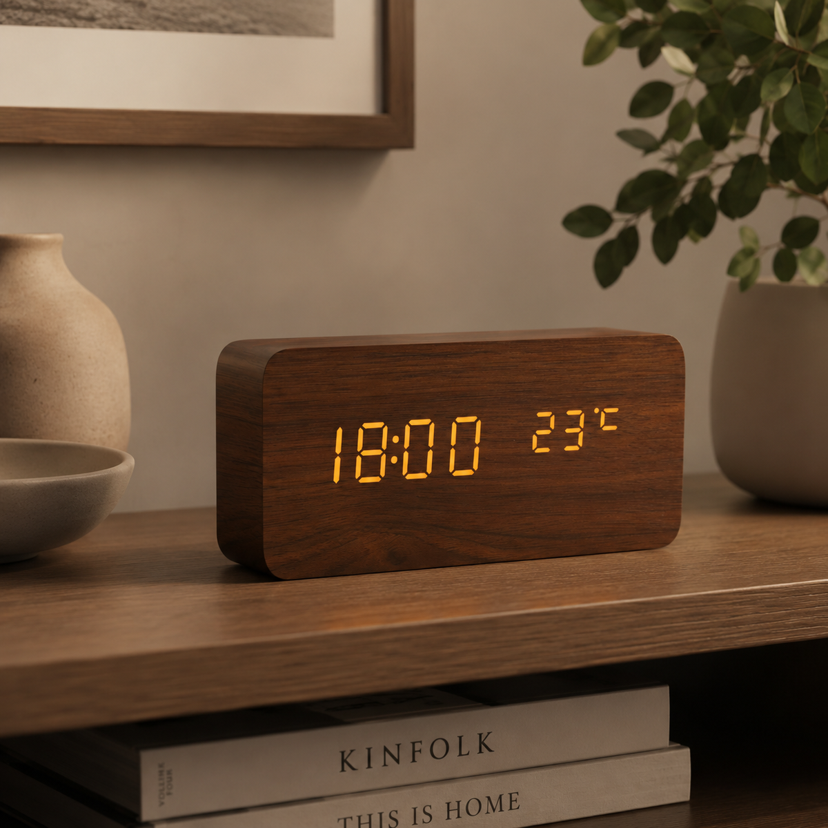 Digitaler Wecker aus Holz, LED-Tischuhr mit Thermometer und Hygrometer, Sprachaktivierung für Schlafzimmer und Schreibtisch | Sansoti