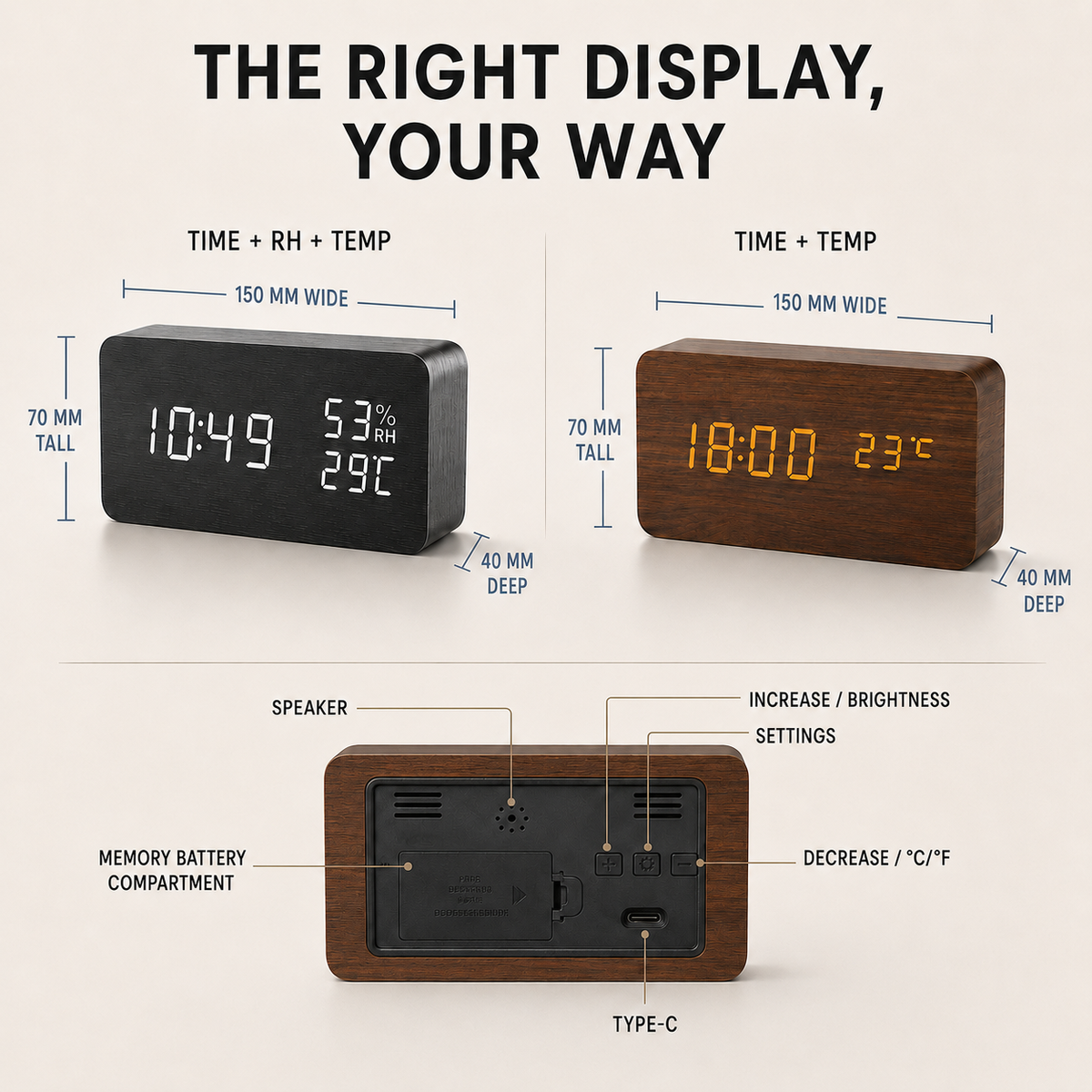 Digitaler Wecker aus Holz, LED-Tischuhr mit Thermometer und Hygrometer, Sprachaktivierung für Schlafzimmer und Schreibtisch | Sansoti