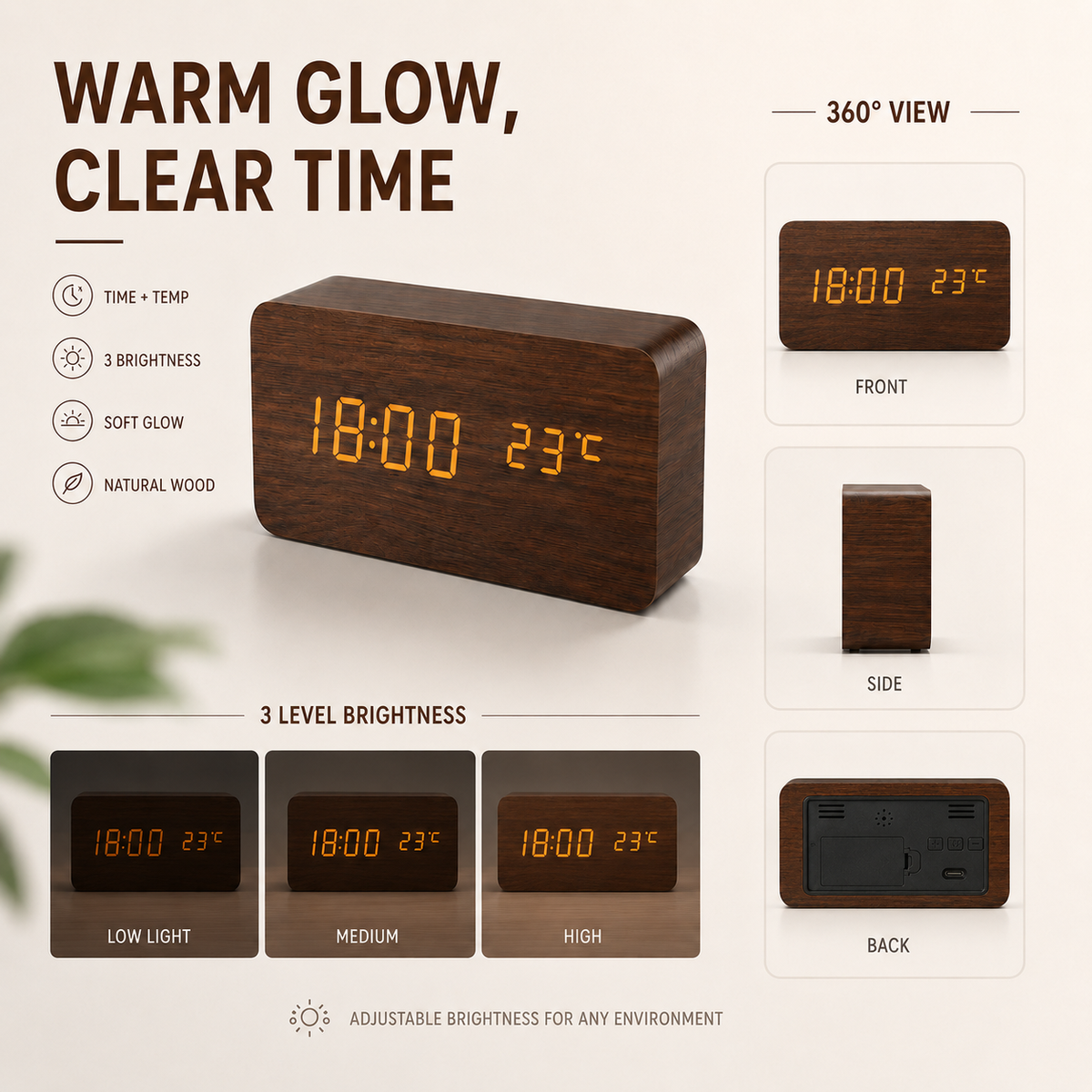 Digitaler Wecker aus Holz, LED-Tischuhr mit Thermometer und Hygrometer, Sprachaktivierung für Schlafzimmer und Schreibtisch | Sansoti