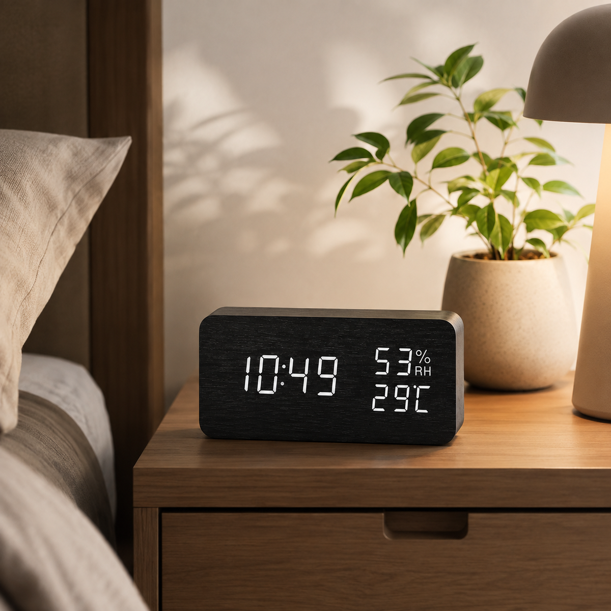 Digitaler Wecker aus Holz, LED-Tischuhr mit Thermometer und Hygrometer, Sprachaktivierung für Schlafzimmer und Schreibtisch | Sansoti
