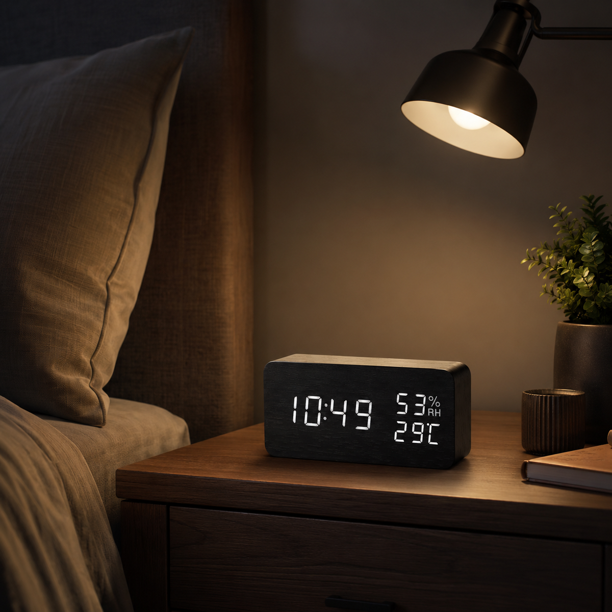 Digitaler Wecker aus Holz, LED-Tischuhr mit Thermometer und Hygrometer, Sprachaktivierung für Schlafzimmer und Schreibtisch | Sansoti