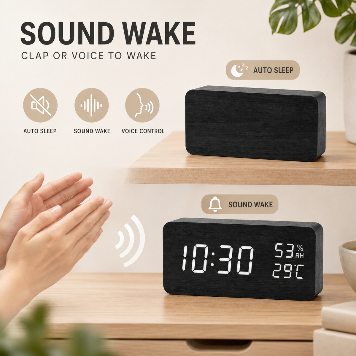 Digitaler Wecker aus Holz, LED-Tischuhr mit Thermometer und Hygrometer, Sprachaktivierung für Schlafzimmer und Schreibtisch | Sansoti