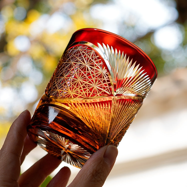 Verre à whisky Edo Kiriko Plume de grue Ambre Fait main Cristal japonais Boîte en bois | Restfield