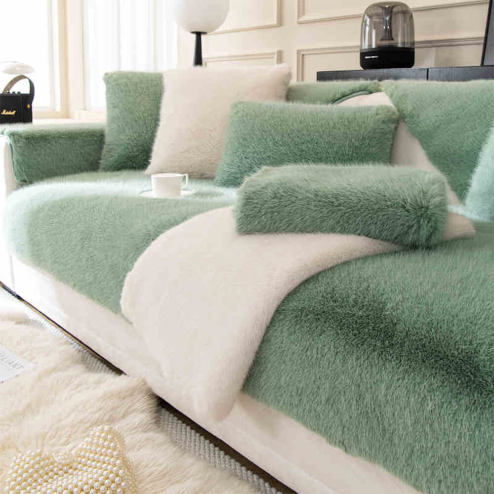 Weicher Sofabezug Rutschfestes Kunstfell Creme Grau Grün Waschbarer Plüschschutz für jedes Sofa | Sansoti