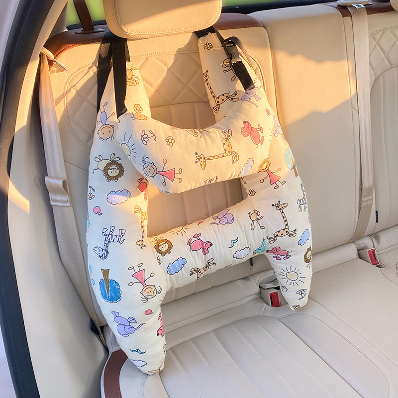 Autokussen Kind Hoofdsteun Katoenmix 67x50cm Beige Reiskussen Auto Neksteun Kinderstoel Lange Rit Comfort Slaapondersteuning | Sansoti