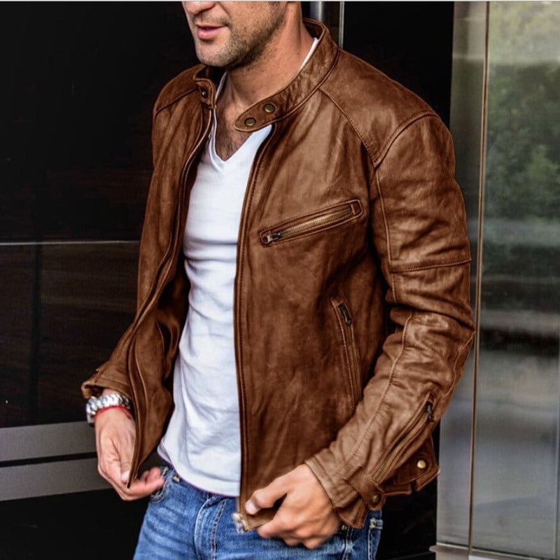 Lederjacke für Herren, wasserabweisend, Stehkragen, Reißverschluss, klassisches Design, Regular Fit, lässige Herbstmode XS-3XL | Sansoti