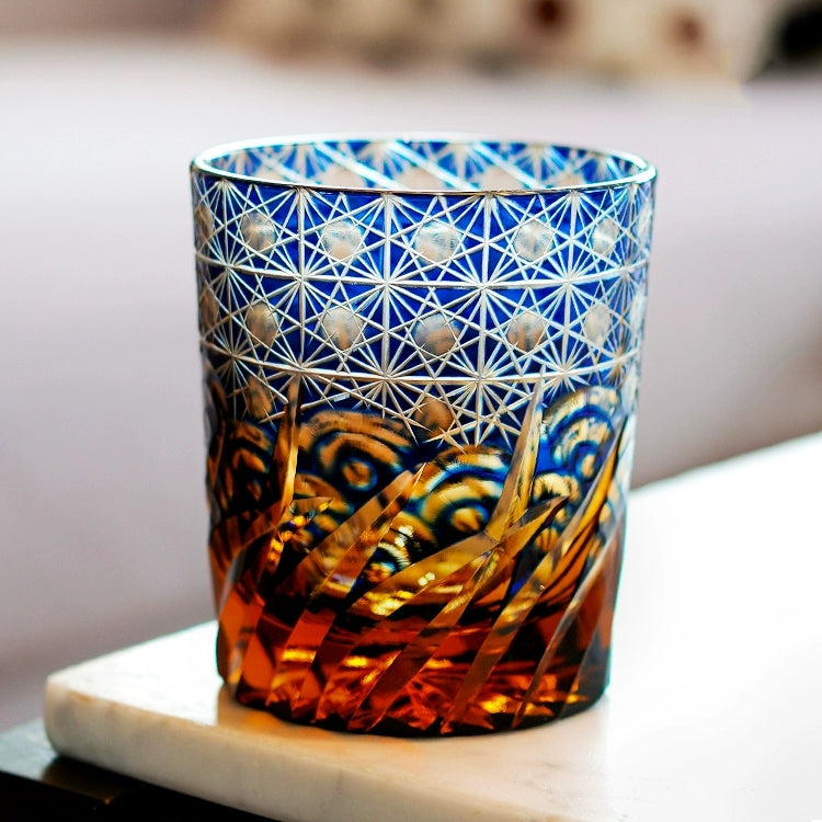 Whiskeyglas Edo Kiriko Blauw Amber Handgemaakt Sterchysant Sterrenzee Japans Kristal | Sansoti