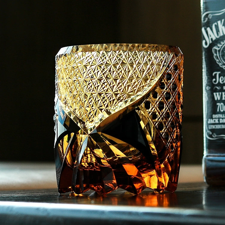 Whiskeyglas Edo Kiriko Dark Knight Handgemaakt Donker Amber Japans Kristal Houten Doos | Sansoti