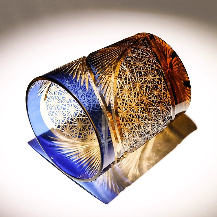 Verre à whisky Edo Kiriko Plume de grue Ambre Fait main Cristal japonais Boîte en bois | Restfield