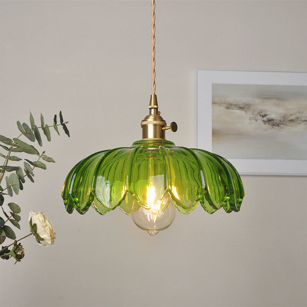 Hanglamp Glas Vintage Bloem Groen Koper 25cm Pendellamp Retro Woonkamer Eetkamer Romantisch | Sansoti